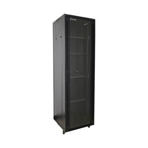 Floor standing network cabinet, 18U, W600 x D800 for 19" equipment with tempered glass front door, solid metal back door, removable side panels and accessories